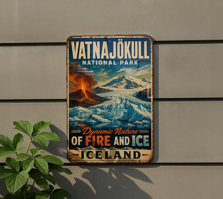 A vintage-style metal sign for Vatnajokull National Park, featuring a scenic image of a volcano and icy landscape.