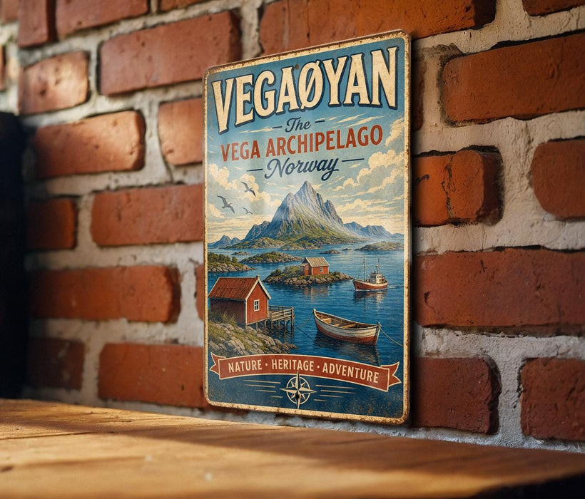 A vintage metal sign with the text "VEGA ARCHIPELAGO NORWAY" and an illustration of a coastal landscape with boats and mountains.