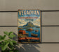 A vintage-style metal sign with the text "VEGA ARCHIPELAGO NORWAY" and a scenic illustration of a coastal landscape with boats, mountains, and a small red building.