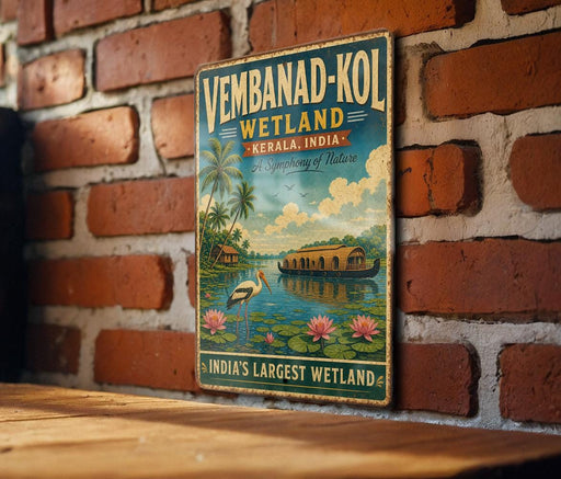 A vintage-style sign for Vembanad-Kol Wetland, a famous landmark in Kerala, India.
