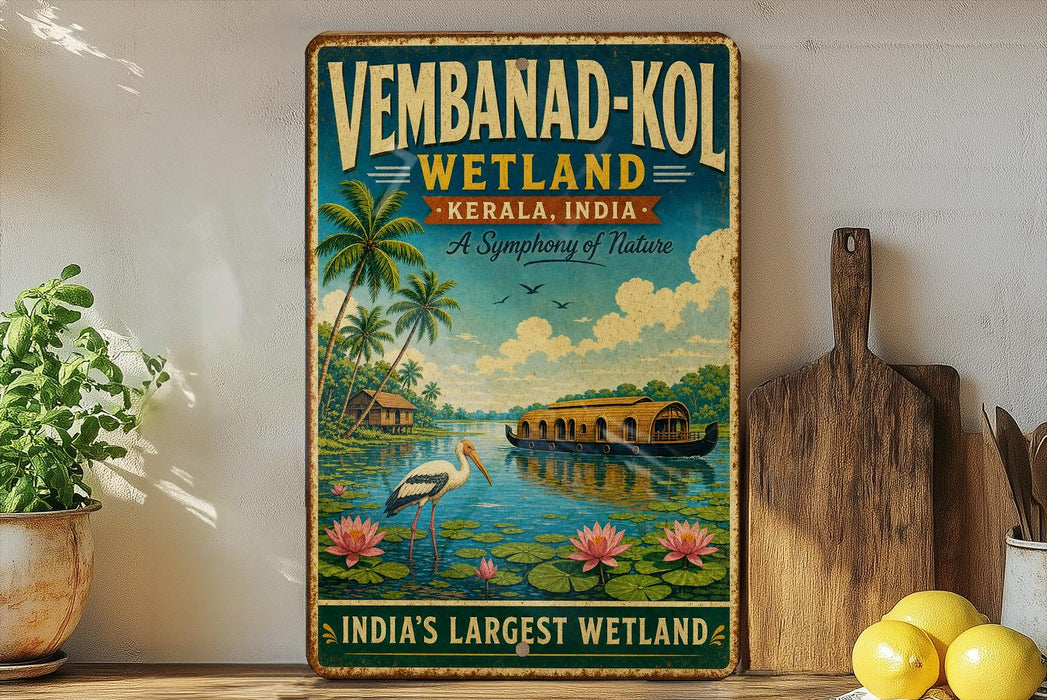 A vintage-style metal sign advertising Vembanad-Kol Wetland, a famous natural wonder in Kerala, India. The sign features a tropical landscape with palm trees, a river, and a boat on the water.