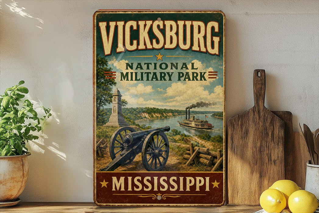 A vintage-style metal sign for Vickburg National Military Park in Mississippi, featuring a cannon, a river, and a steamboat, with the text "VICKSBURG NATIONAL MILITARY PARK" and "MISSISSIPPI" prominently displayed.