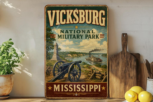 A vintage-style metal sign for Vickburg National Military Park in Mississippi, featuring a cannon, a river, and a steamboat, with the text "VICKSBURG NATIONAL MILITARY PARK" and "MISSISSIPPI" prominently displayed.