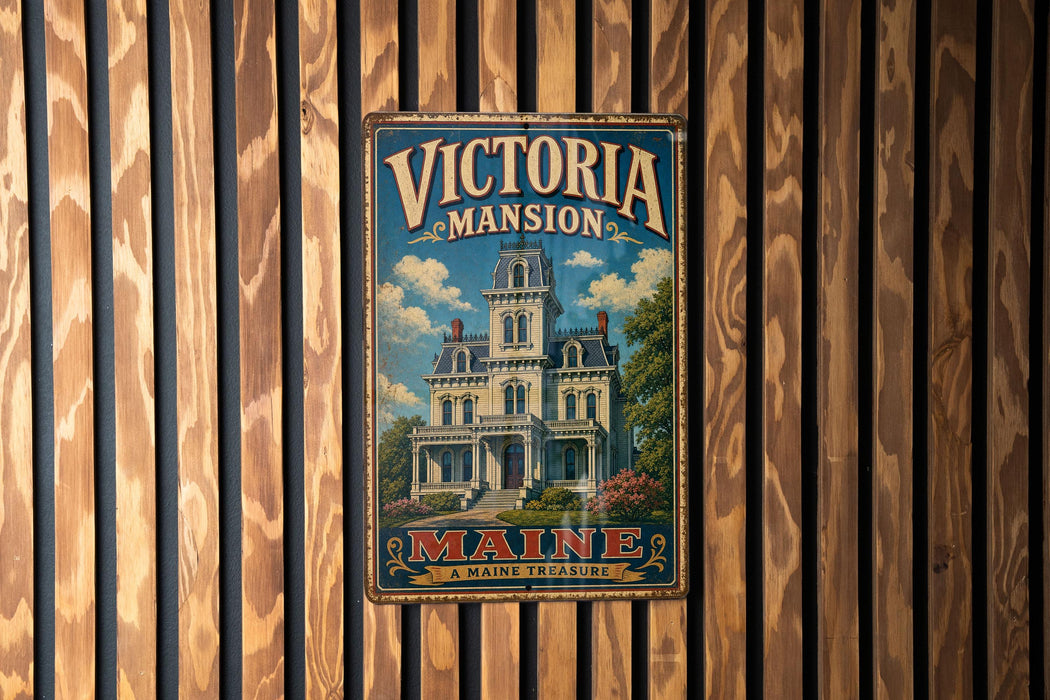 A vintage-style metal sign for "Victoria mansion" is displayed on a wooden wall, featuring an illustration of a Victorian-style mansion surrounded by trees and flowers.