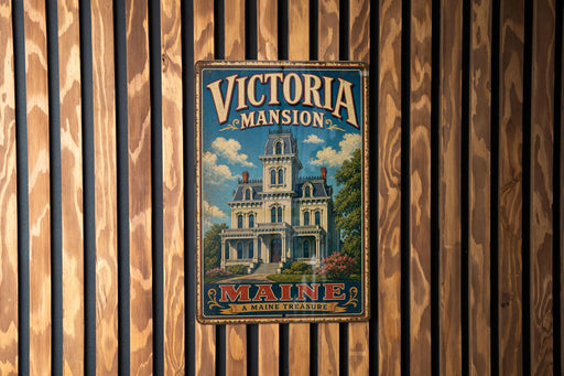 A vintage-style metal sign for "Victoria mansion" is displayed on a wooden wall, featuring an illustration of a Victorian-style mansion surrounded by trees and flowers.