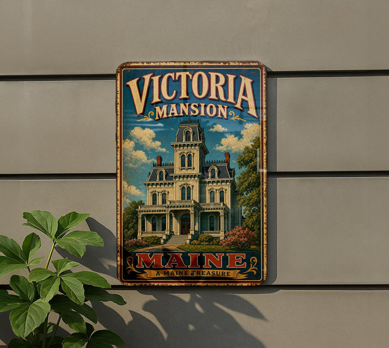 A vintage-style metal sign for Victoria Mansion in Maine, featuring an illustration of the mansion and the text "MAINE A MAINE'S PLEASURE".