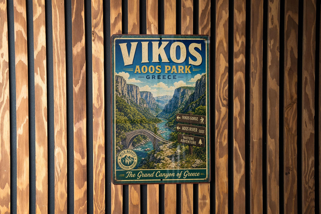 A vintage-style metal sign for Vikos Park in Greece, featuring a scenic illustration of the Grand Canyon of Greece.