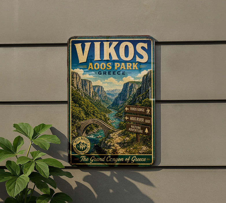A vintage-style metal sign for Vikos Aoos Park in Greece, featuring a scenic mountain landscape with a river and hiking trails.