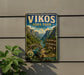 A vintage-style metal sign for Vikos Aoos Park in Greece, featuring a scenic mountain landscape with a river and hiking trails.
