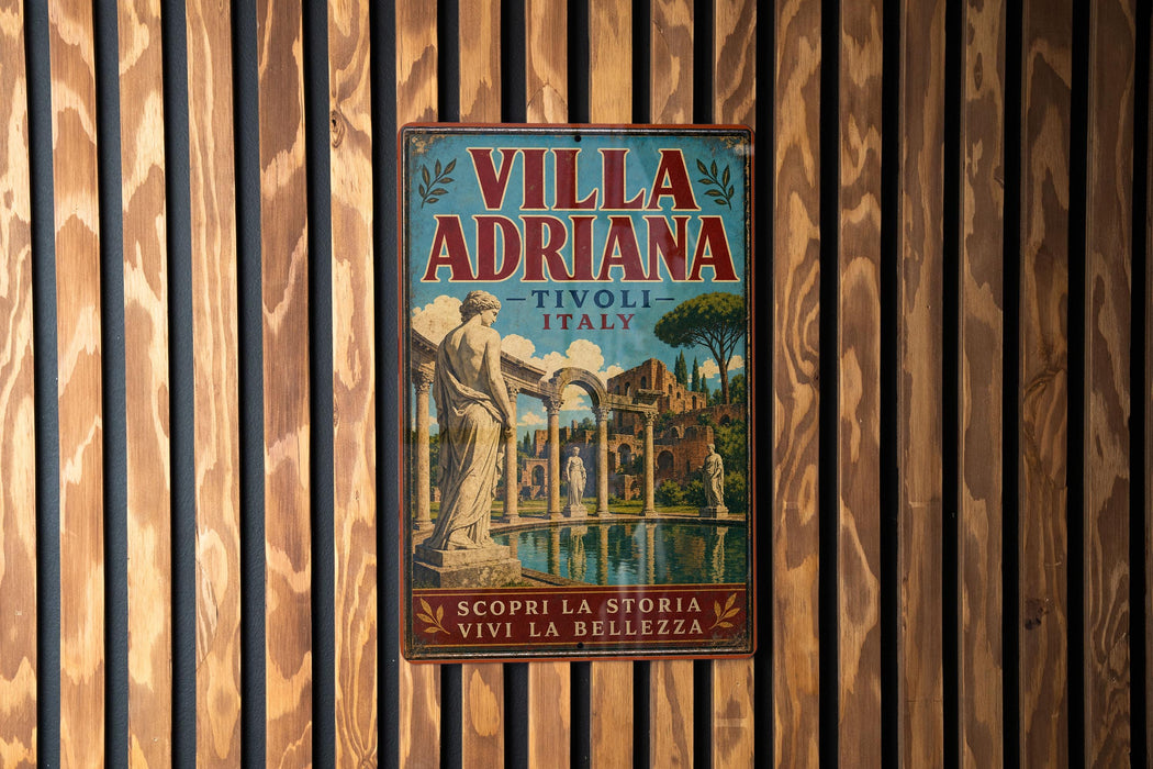 A vintage-style poster advertising the Villa Adriana in Italy, featuring a classical architectural scene with a fountain and statues.