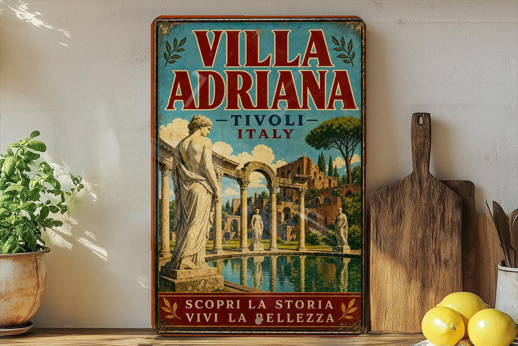 A vintage-style poster of the villa "Villa Adriana" in Italy, featuring a classical architectural scene with a fountain and statues.