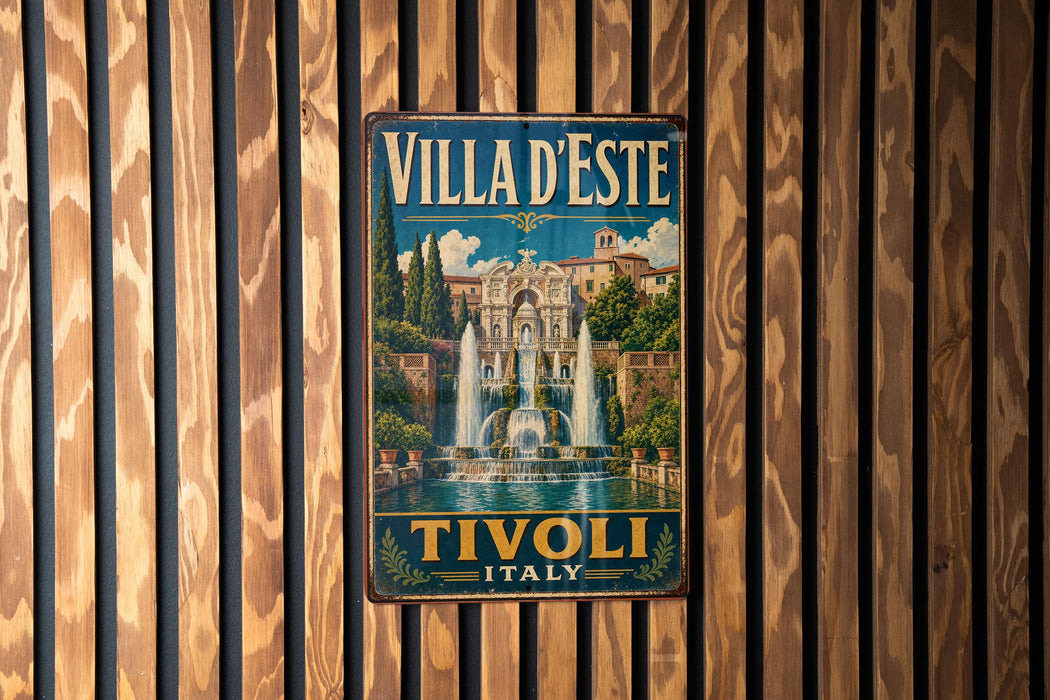 A vintage-style metal sign with the text "Villa d'Este" and "Tivoli Italy" displayed on it, hanging on a wooden wall.