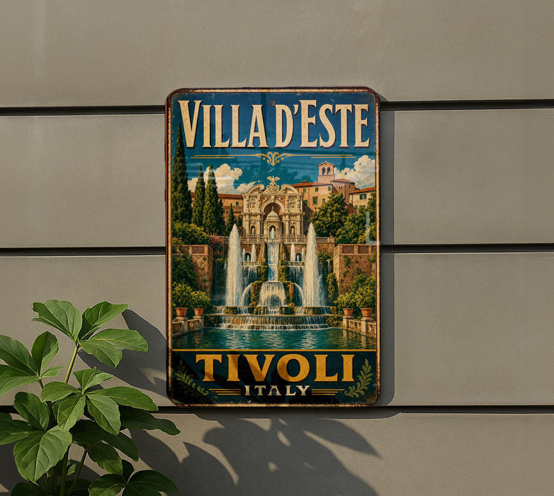 A vintage-style metal sign with the text "Villa d'Este" and "Tivoli Italy" displayed on it, featuring an illustration of a fountain and buildings.