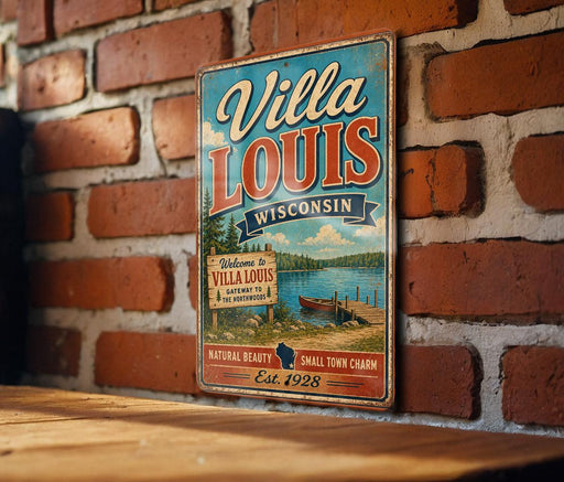A vintage-style metal sign for Villa Louis Wisconsin, featuring a scenic image of a lake and a boat, mounted on a brick wall.