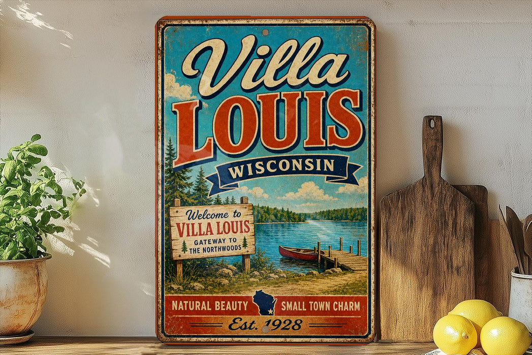 A vintage-style metal sign for Villa Louis Wisconsin, featuring a scenic lake and surrounding landscape, is displayed on a shelf next to a wooden cutting board and some potted plants.
