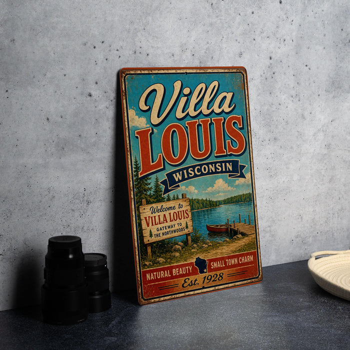 A vintage-style sign for Villa Louis Wisconsin, featuring a lake and a boat, is displayed on a gray wall.