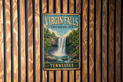 A vintage-style metal sign for Virgin Falls, a state natural area in Tennessee, is displayed on a wooden wall.