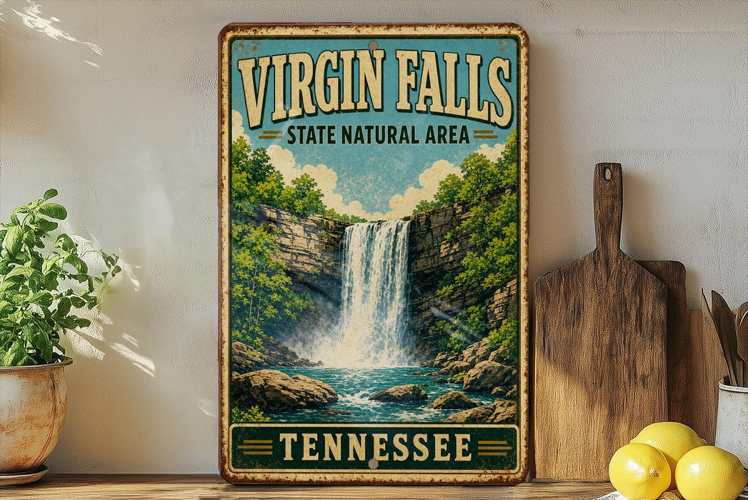 A vintage-style sign for Virgin Falls, a state natural area in Tennessee, featuring a waterfall surrounded by lush greenery.