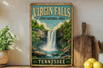 A vintage-style sign for Virgin Falls, a state natural area in Tennessee, featuring a waterfall surrounded by lush greenery.