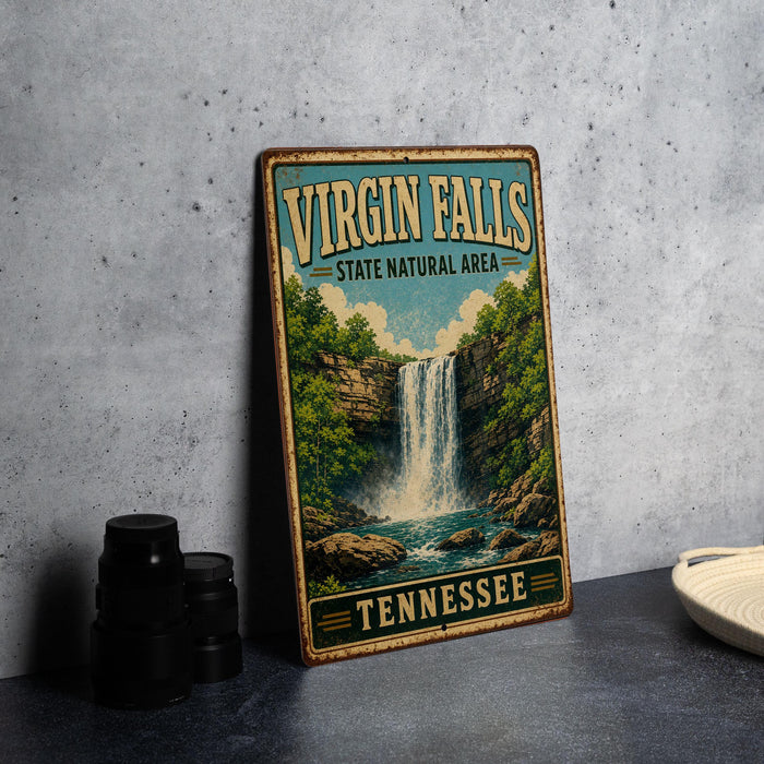 A vintage-style sign for Virgin Falls, Tennessee, featuring a waterfall surrounded by lush greenery.
