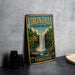 A vintage-style sign for Virgin Falls, Tennessee, featuring a waterfall surrounded by lush greenery.