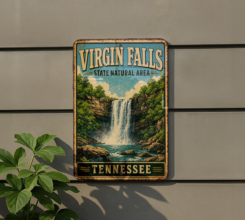 A vintage-style metal sign for Virgin Falls, a state natural area in Tennessee, featuring a waterfall surrounded by lush greenery.