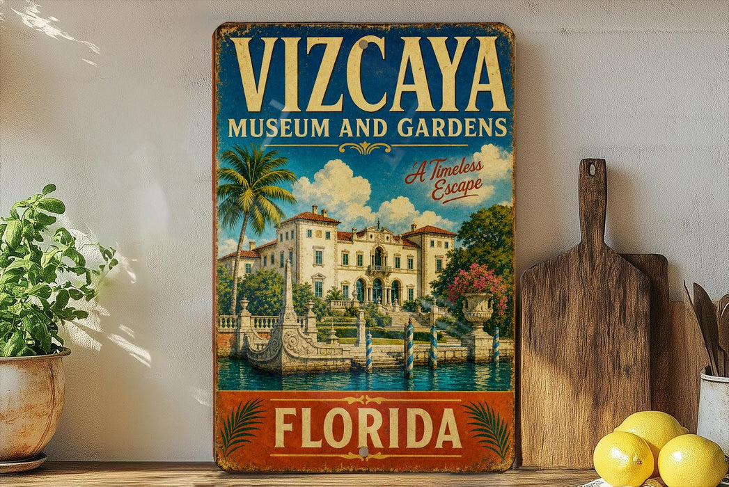 A vintage-style metal sign for the Vizcaya Museum and Gardens in Florida, featuring a tropical landscape with palm trees and a fountain.