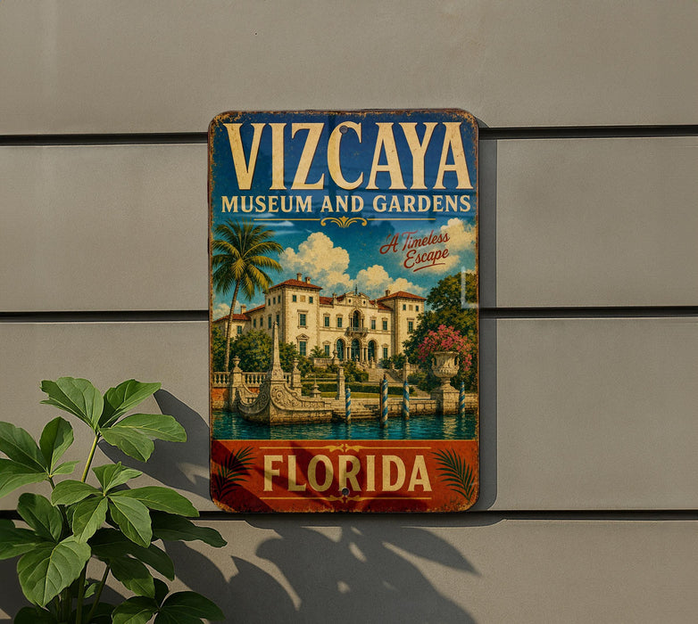 A vintage metal sign for the Vizzaya Museum and Gardens in Florida, featuring an illustration of a building and palm trees.