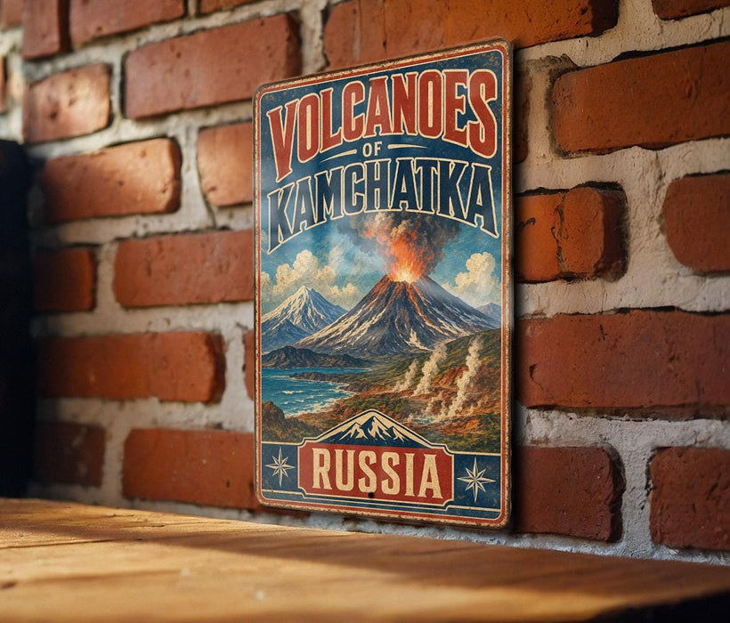 A vintage-style metal sign with the text "VOLCANOES OF KAMCHATKA" and "RUSSIA" is displayed on a brick wall.