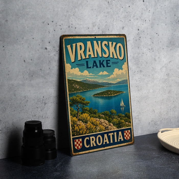 A vintage metal sign for Vranksko Lake in Croatia, featuring a scenic landscape with a lake, mountains, and a sailboat.
