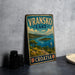 A vintage metal sign for Vranksko Lake in Croatia, featuring a scenic landscape with a lake, mountains, and a sailboat.