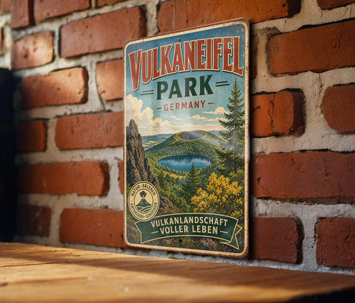 A vintage metal sign for Vulkaneifel Park in Germany, featuring a scenic landscape with a lake and mountains.