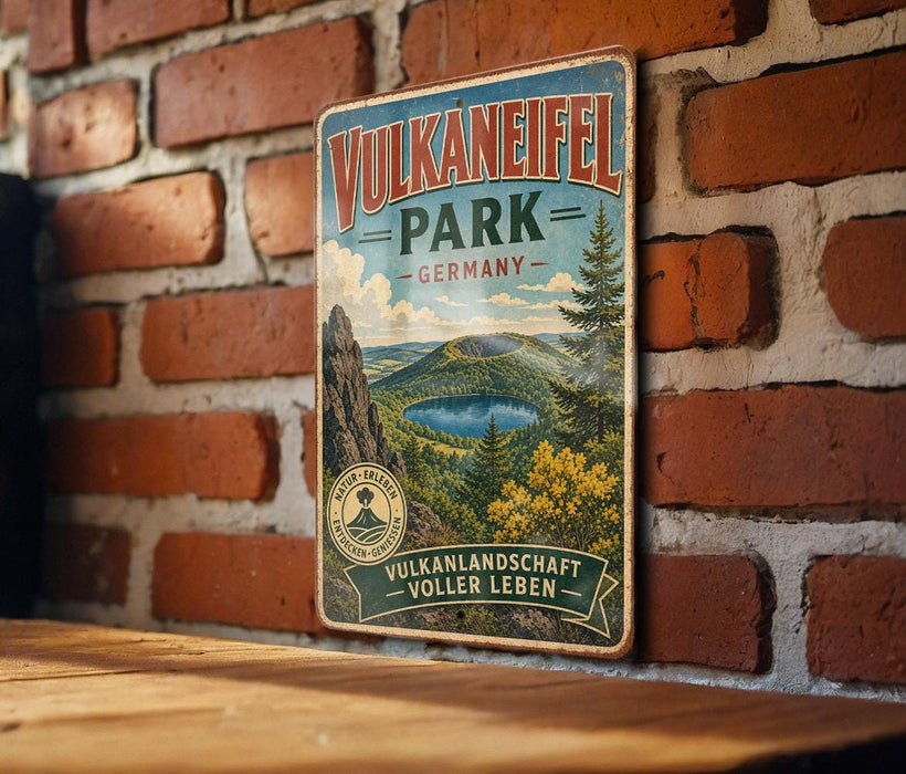 A vintage metal sign for Vulkaneifel Park in Germany, featuring a scenic landscape with a lake and mountains.