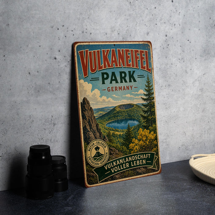 A vintage metal sign for Vulkaneifel Park in Germany, featuring a scenic landscape with a lake and mountains.
