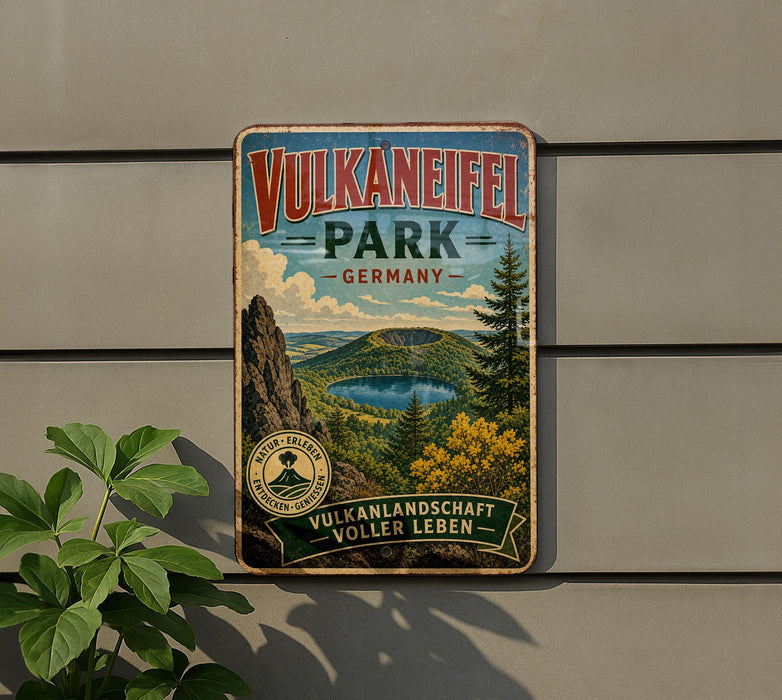 a vintage metal sign for Vulkaneiffel Park, Germany, with a scenic landscape of mountains, trees, and a lake.