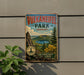 a vintage metal sign for Vulkaneiffel Park, Germany, with a scenic landscape of mountains, trees, and a lake.