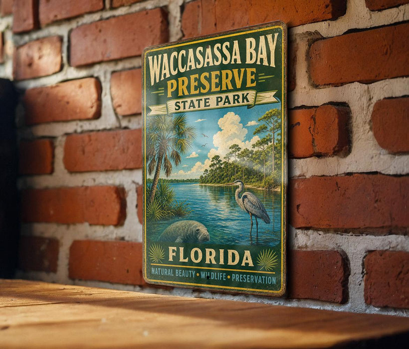 A vintage-style metal sign for Waccassass Bay Preserve, Florida, featuring a serene landscape with palm trees, a manatee, and a body of water.