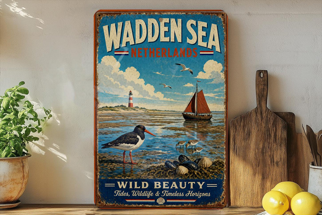 A vintage-style poster of the Wadden Sea in Netherlands, featuring a lighthouse, a sailboat, and various marine life, is displayed on a wall next to a wooden cutting board and a potted plant.