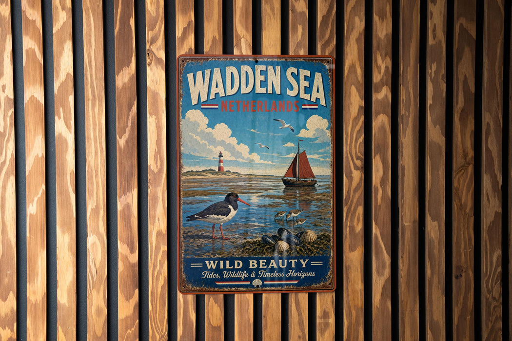 A vintage metal sign with a nautical scene, featuring a lighthouse, a boat, and birds, is displayed on a wooden wall.