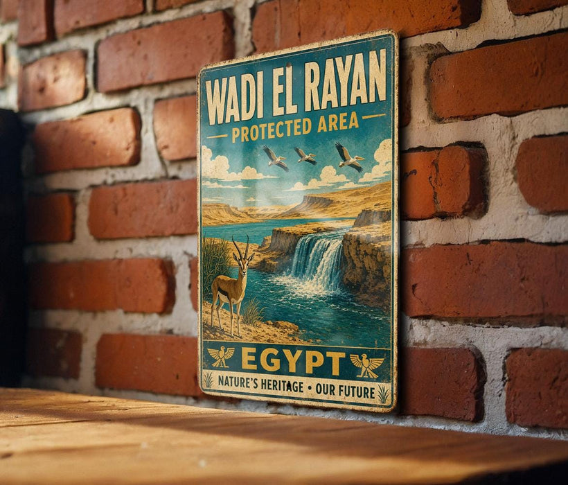 A vintage-style metal sign with a waterfall and wildlife, mounted on a brick wall.