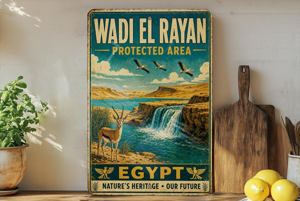 A vintage-style poster of Wadi El Rayan, a protected area in Egypt, featuring a waterfall and wildlife.