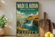 A vintage-style poster of Wadi El Rayan, a protected area in Egypt, featuring a waterfall and wildlife.