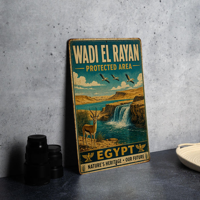 A vintage metal sign for the Wadi El Rayan, a protected area in Egypt, featuring an illustration of a waterfall and wildlife.
