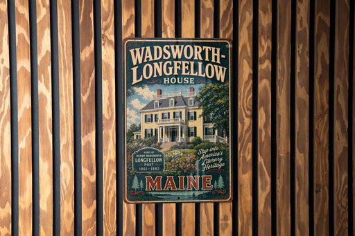 A vintage metal sign for the Wadsworth-Longfellow House in Maine, featuring an illustration of the house and the text "Wadsworth-Longfellow House" and "Stop into America's Literature Heritage".