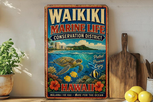 A vintage-style metal sign for the Waikiki Marine Life Conservation District in Hawaii, featuring a colorful illustration of a sea turtle swimming among tropical flowers and a tropical island backdrop.