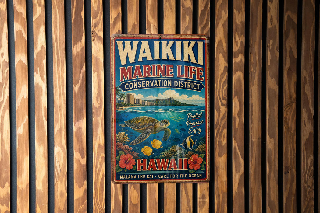A metal sign with the text "WAIKiki Marine Life Conservatory District" and "Hawaii" is displayed on a wooden wall.