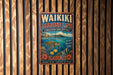 A metal sign with the text "WAIKiki Marine Life Conservatory District" and "Hawaii" is displayed on a wooden wall.