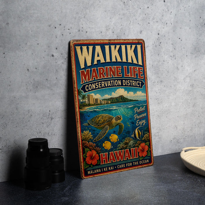 A vintage metal sign for the Waikiki Marine Life Conservation District, featuring a colorful illustration of a sea turtle swimming in the ocean.
