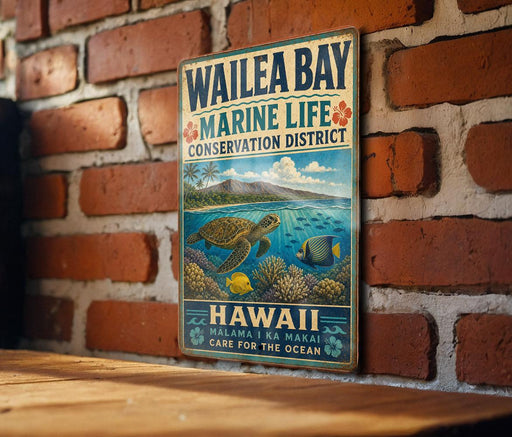 A vintage metal sign for the Wailea Bay Marine Life Conservation District in Hawaii, featuring a turtle and tropical fish in a coral reef scene.