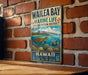 A vintage metal sign for the Wailea Bay Marine Life Conservation District in Hawaii, featuring a turtle and tropical fish in a coral reef scene.